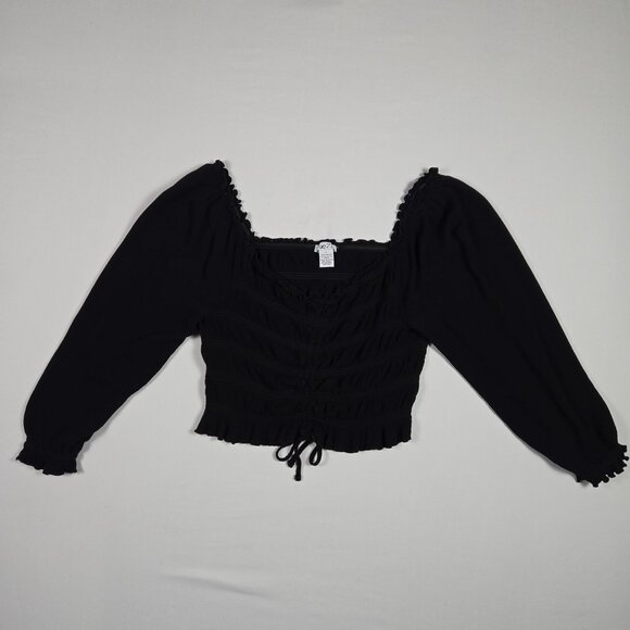 Rue21 Black Ruched Long Sleeve Top Womens Sz L Boho Peasant Cottagecore Romantic - Picture 7 of 14